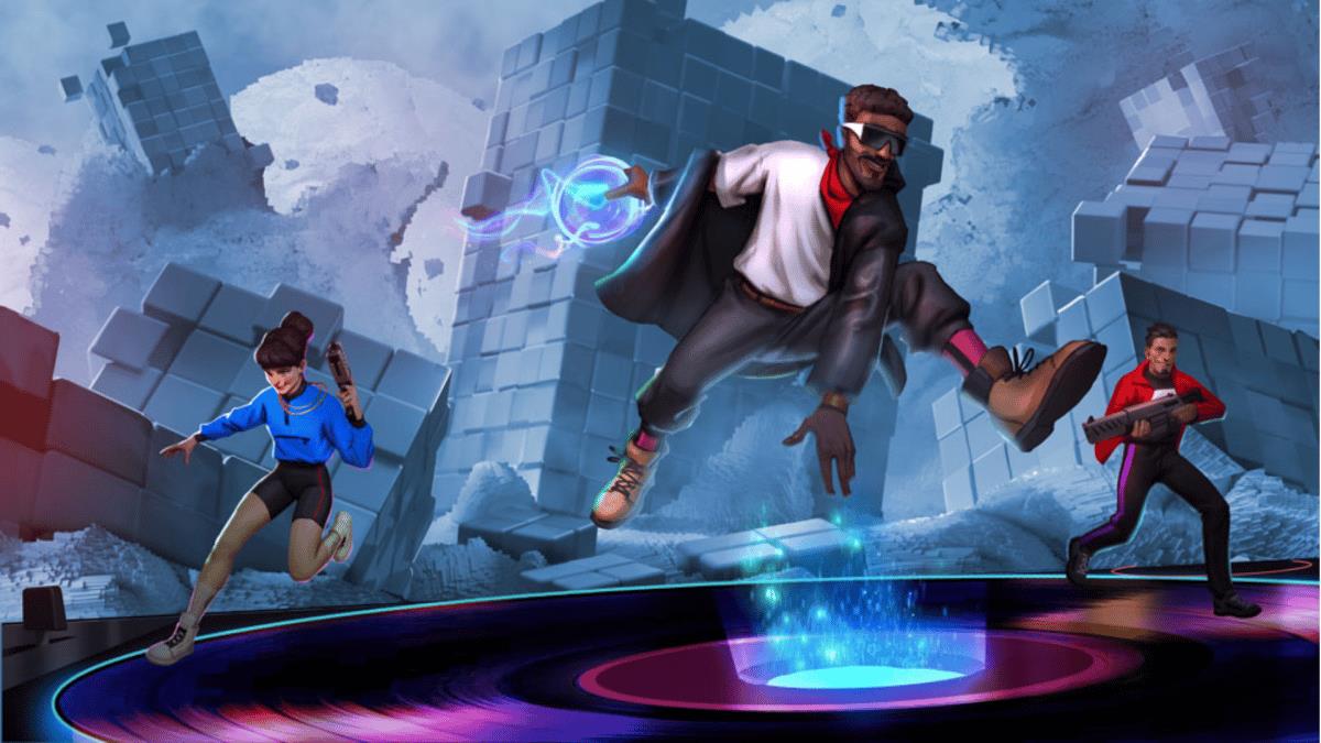 A concept image of Animoca Brands' Pixelynx music metaverse platform, with a few animated human characters running around and having fun in an awesome game-themed world.