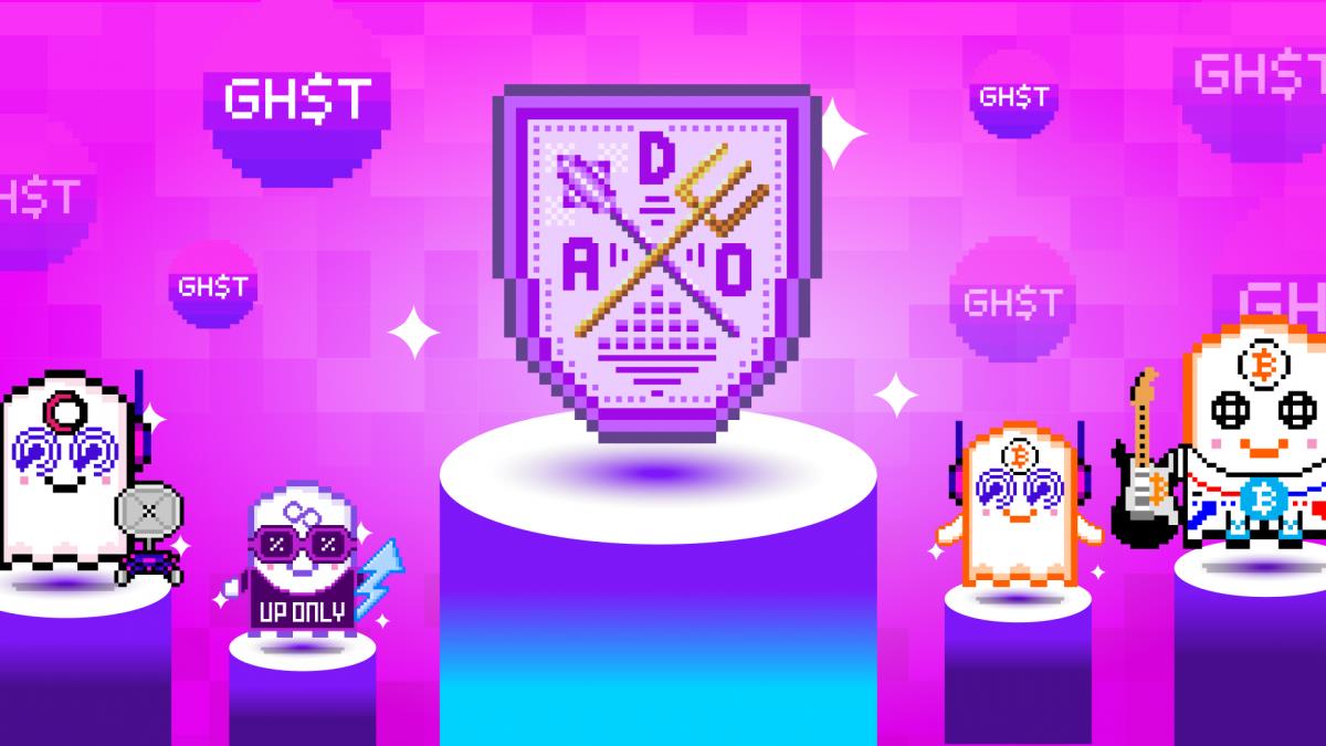 Four cartoon characters stand on podiums floating in front of a purple background.