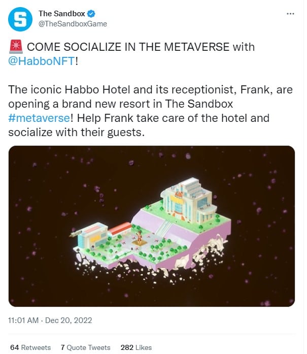 The Sandbox announcement for the Habbo Hotel partnership on Twitter