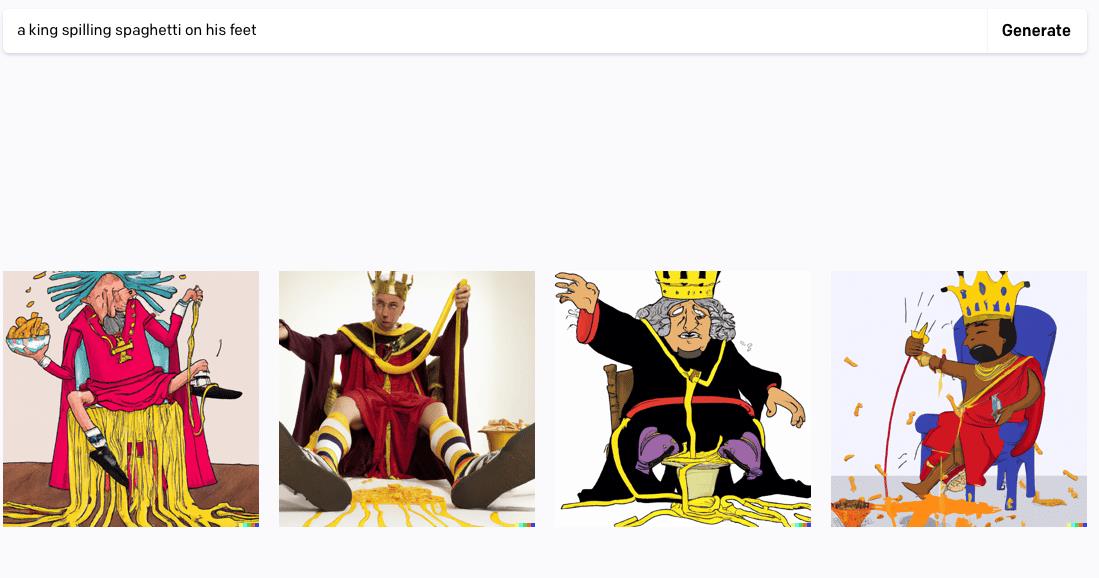 Four images of a king spilling spaghetti on his feet, from DALL-E 2