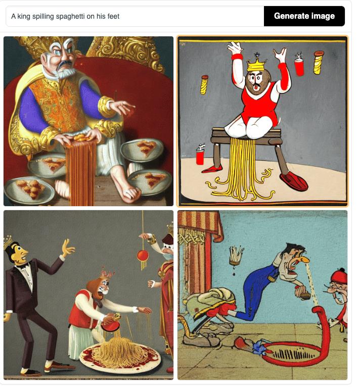 four AI images of a king spilling spaghetti 