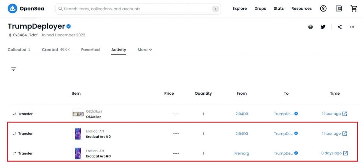 Trump NFTs deployed with the same account that purchased porn NFTs.
