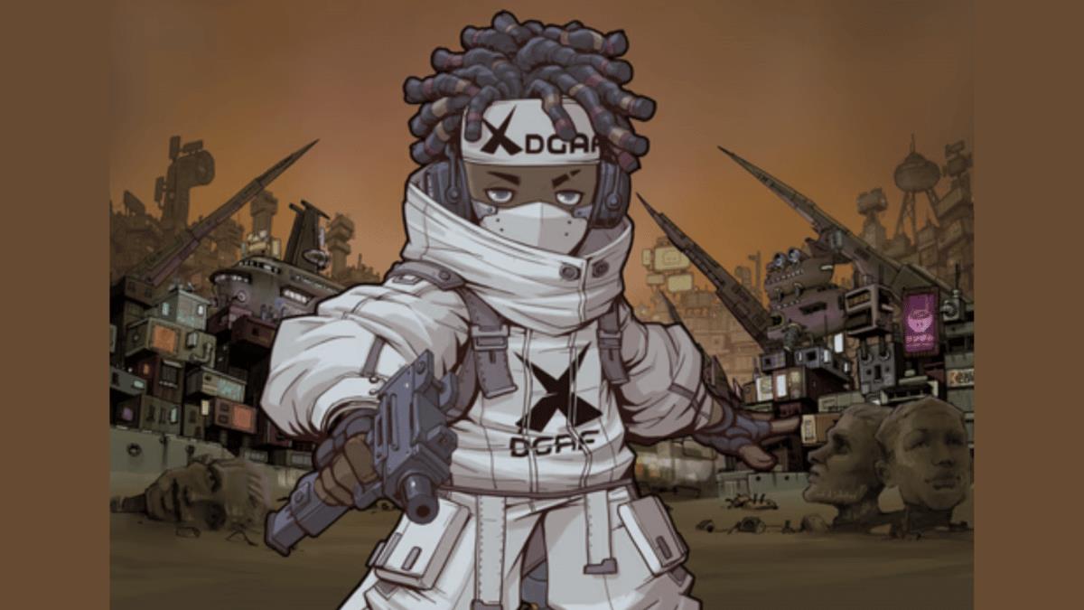 A BasedHeads Character holding a gun to the camera, standing in front of what appears to be a location in TrashLand.