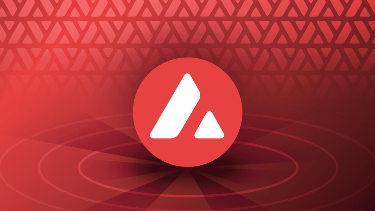 The symbol for the Avalanche blockchain is displayed against a red background.