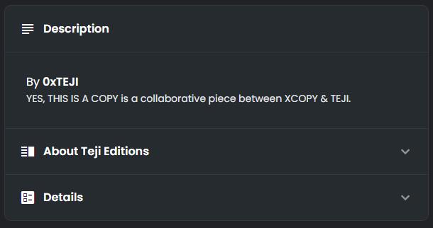 screenshot of an OpenSea NFT description from TEJI's fake collaboration with XCOPY