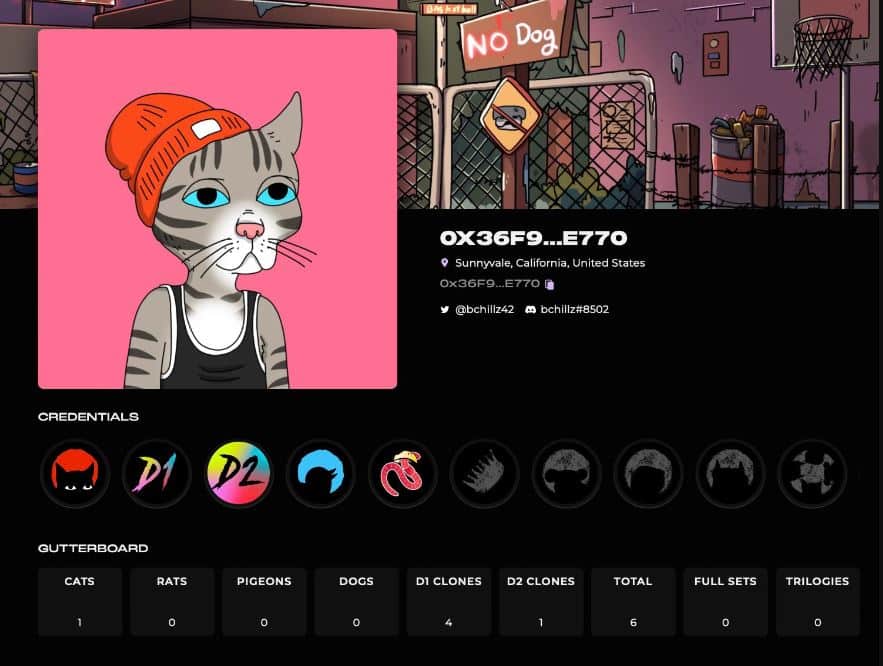screenshot of a Gutter Cat Gang NFT collector profile with the new Credentials feature