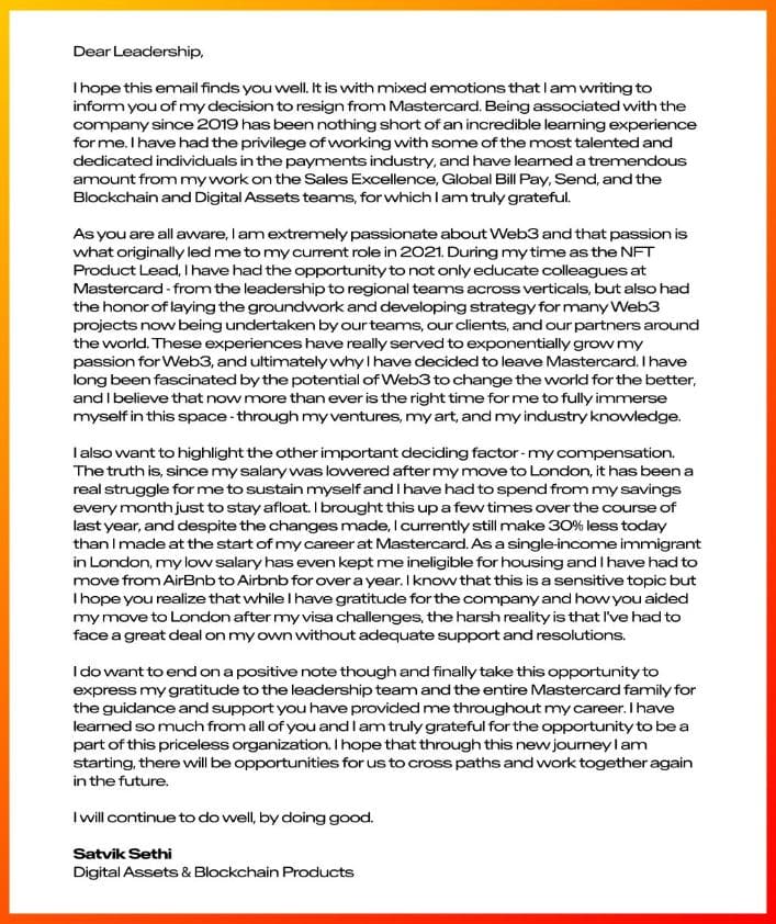 screenshot of Satvik Sethi's resignation letter NFT 