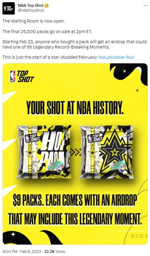 screenshot of a Twitter NFT announcement by NBA Top Shot