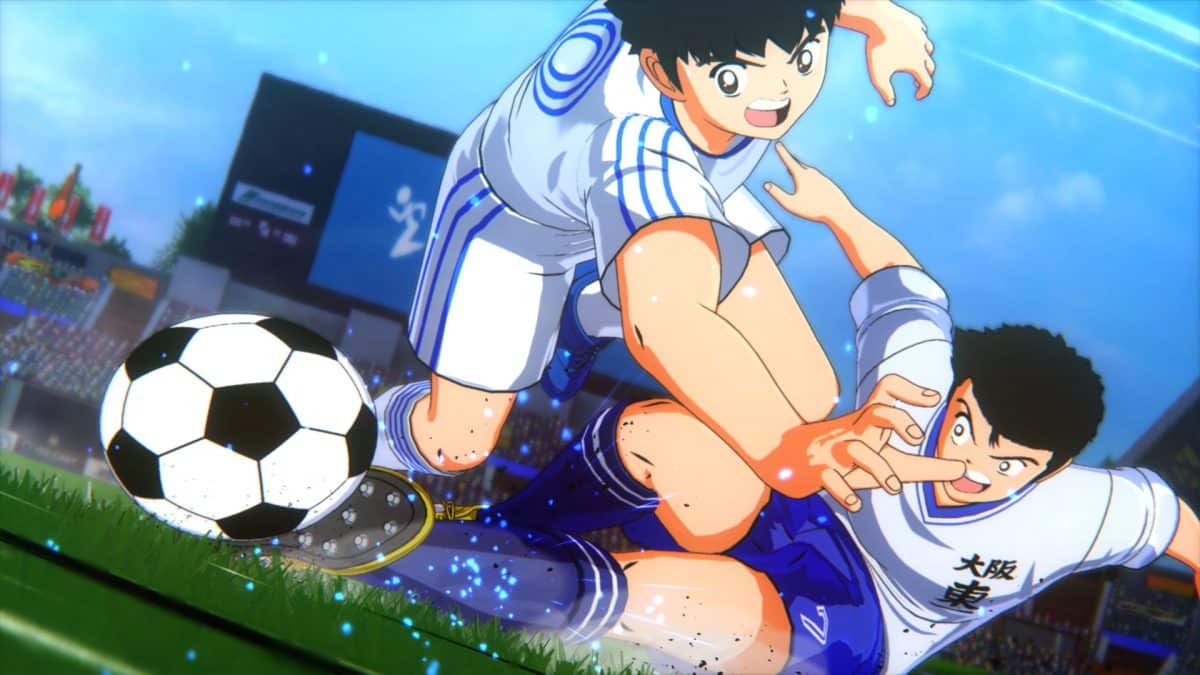 image of two anime players hitting a soccer ball from the series Captain Tsubasa 