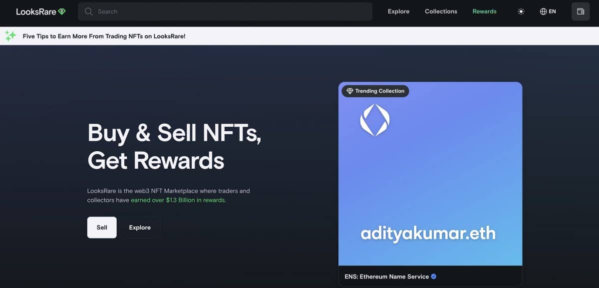 LooksRare NFT platform showing trending ENS name NFT