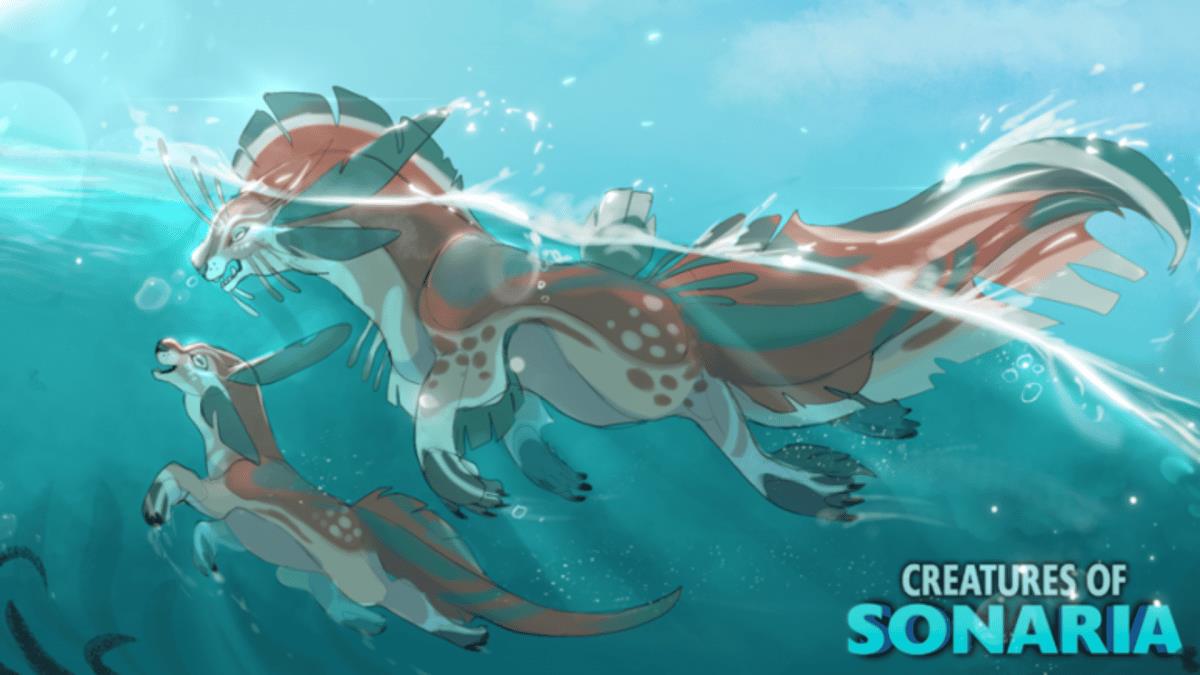 a picture displaying two mystical creatures swimming in the sea, a logo of "Creatures Of Sonaria" is imposed on the image, the Roblox game is now being converted into a TV series. 