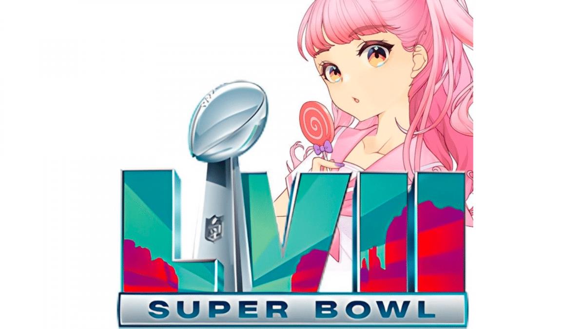 an animated anime Digidaigaku NFT character behind the Superbowl LVII logo
