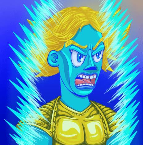 Rug Radio x Corey Van Lew NFT PFP Aura Trait, blue faced character, gold clothing and hair, angry expression, blue aura 