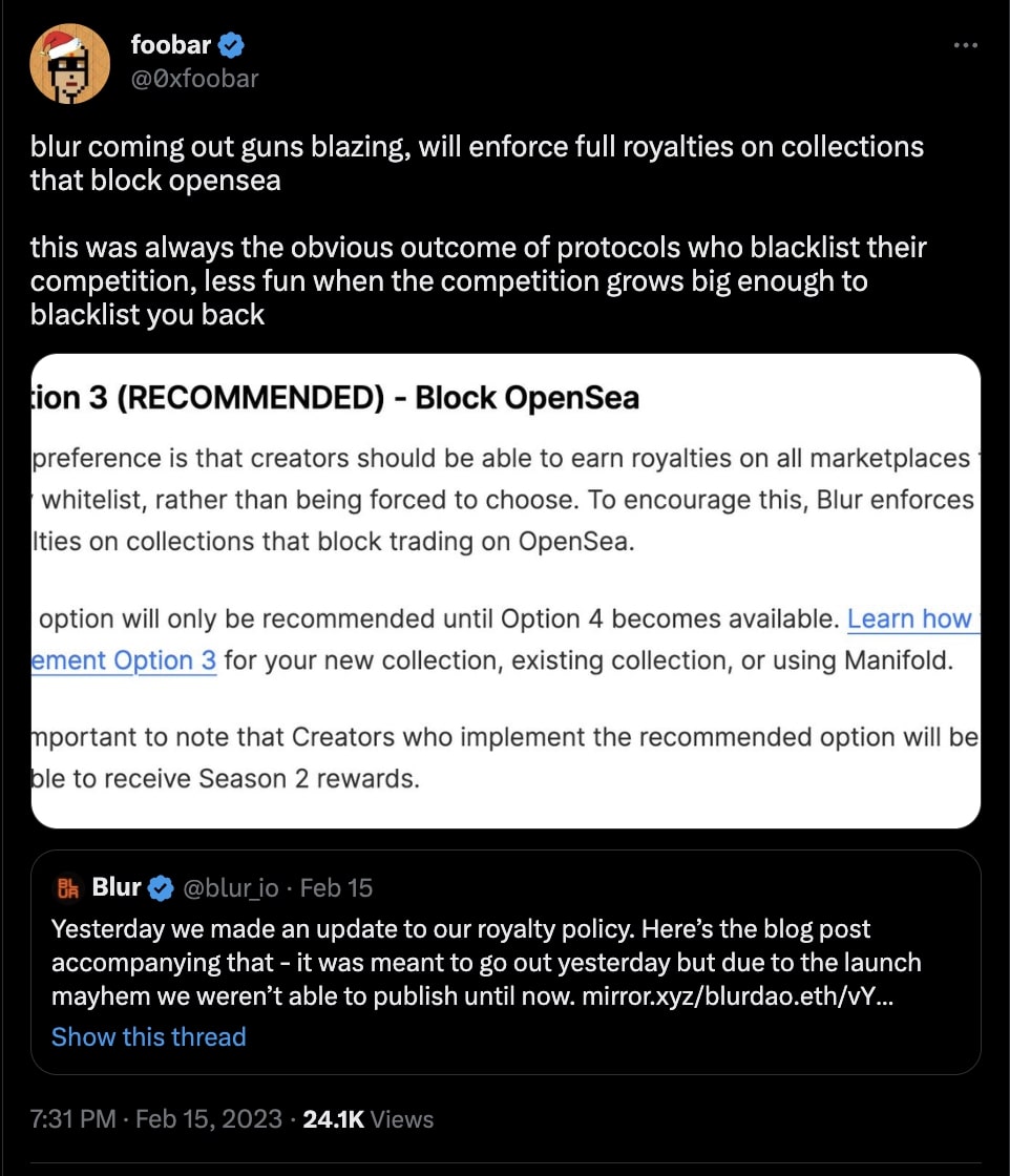 Tweet on OpenSea vs Blur war