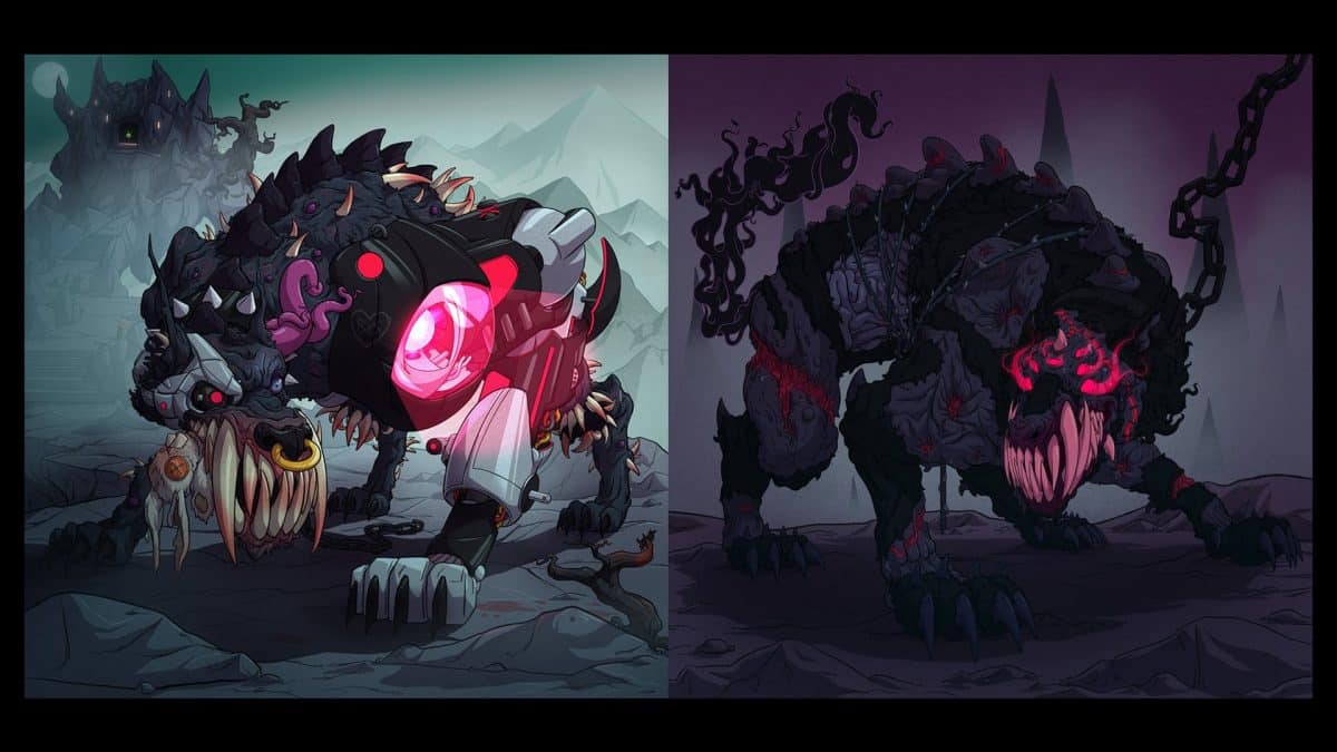 Two examples of artwork for the Mutant Hounds NFT Project