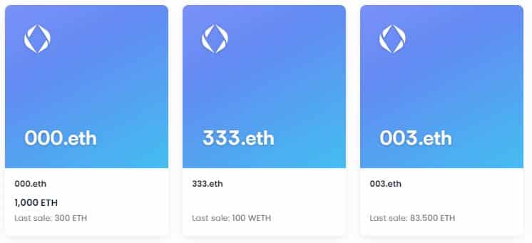 Three of the highest selling ENS Web3 domains