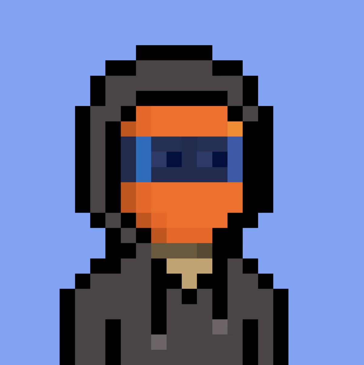 A pixelated character wearing a dark grey hoodie and and orange helmet against a light blue purple background.