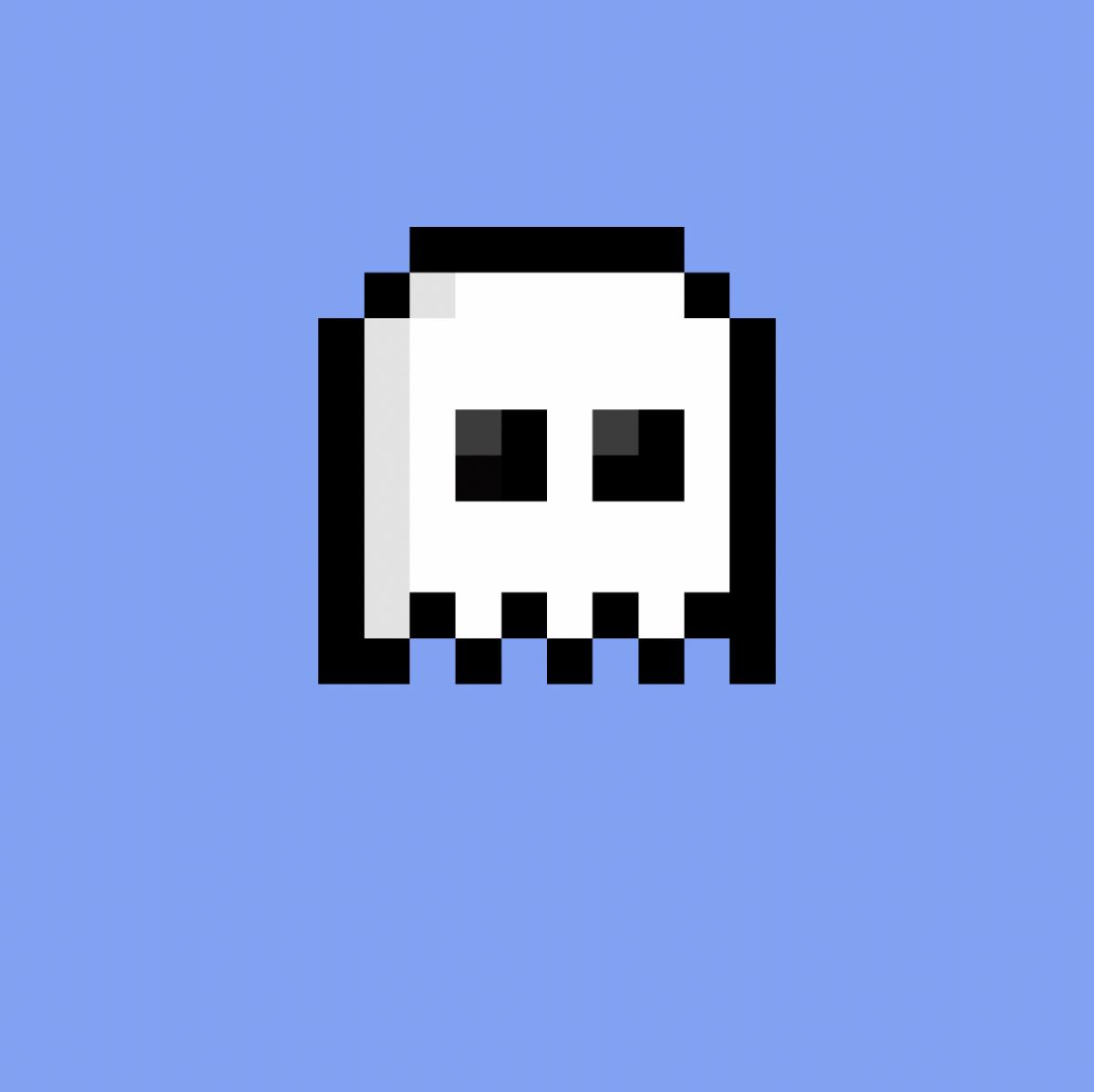 A floating pixelated ghost head against a pale blue-purple background.