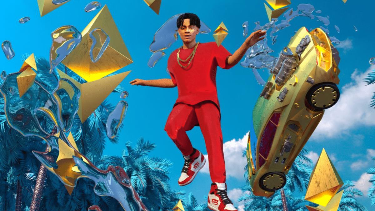 image of a 3d rendered 'soulja boy' nft, dressed in red, floating around next to gold ethereum logos and a gold car