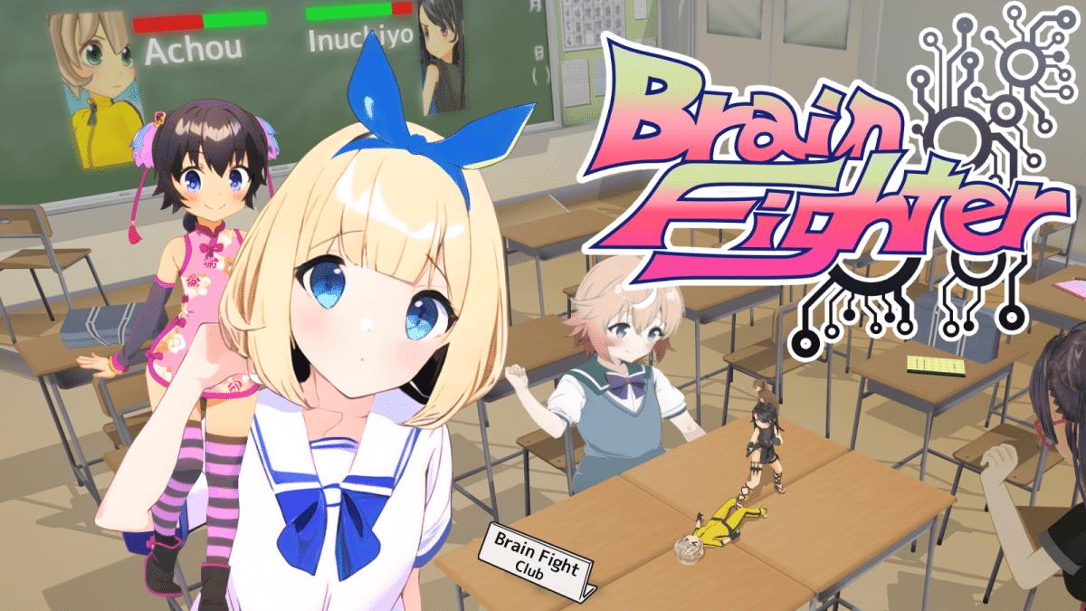 a screenshot of artwork from Brain Fighter, a web3 game from the creators of Tekken, - It shows 3 anime girls in a classroom wirh a health bar on the blackboard