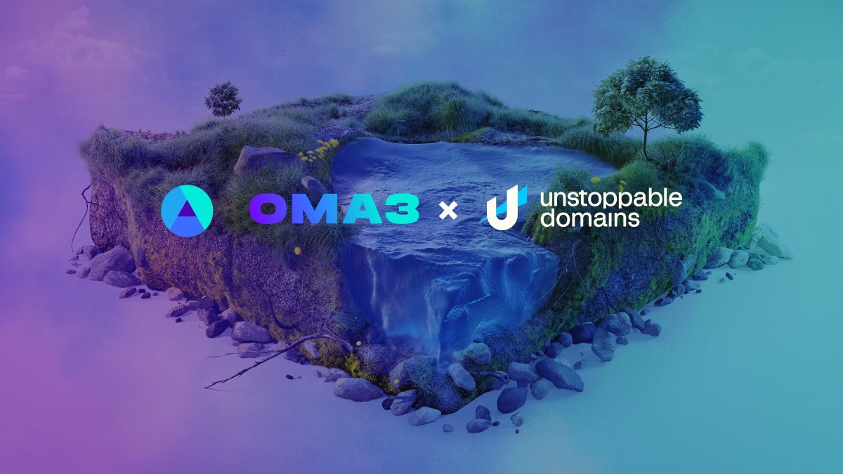 image of the two logos of OMA3 and unstoppable domains for a decentralized metaverse