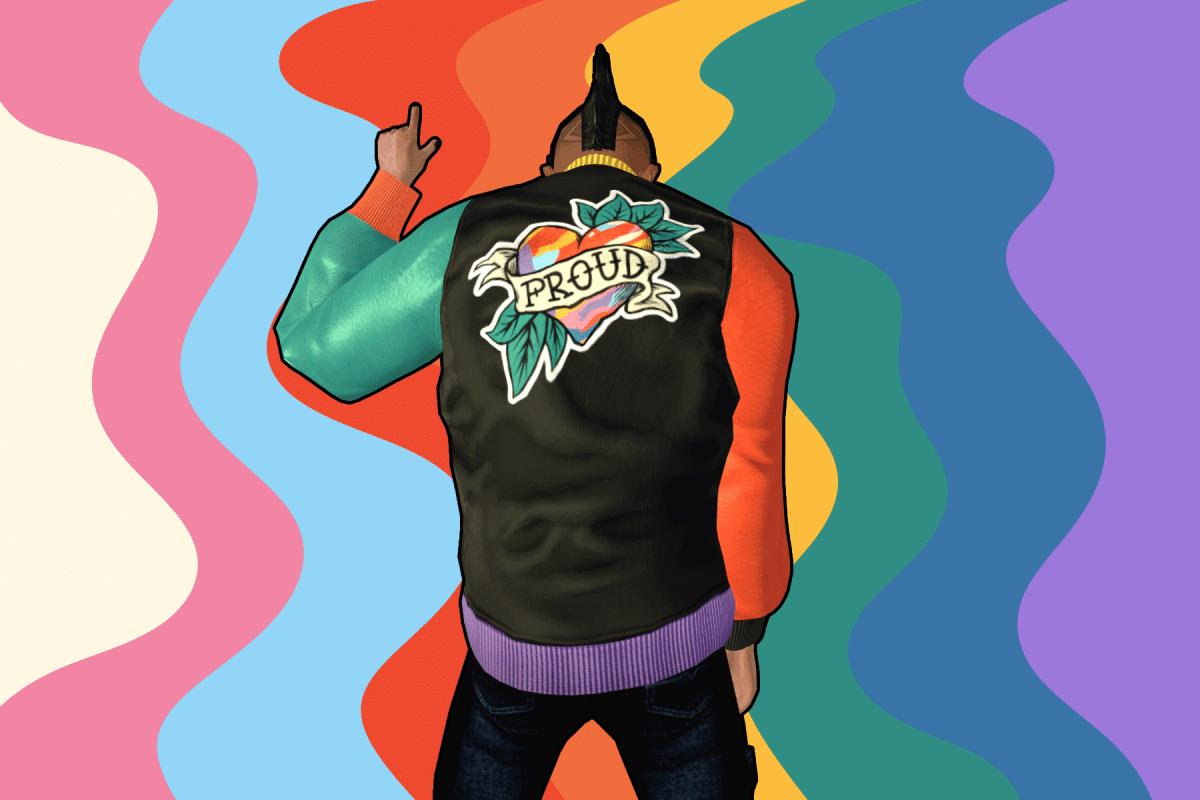 An avatar dancing with a rainbow background.