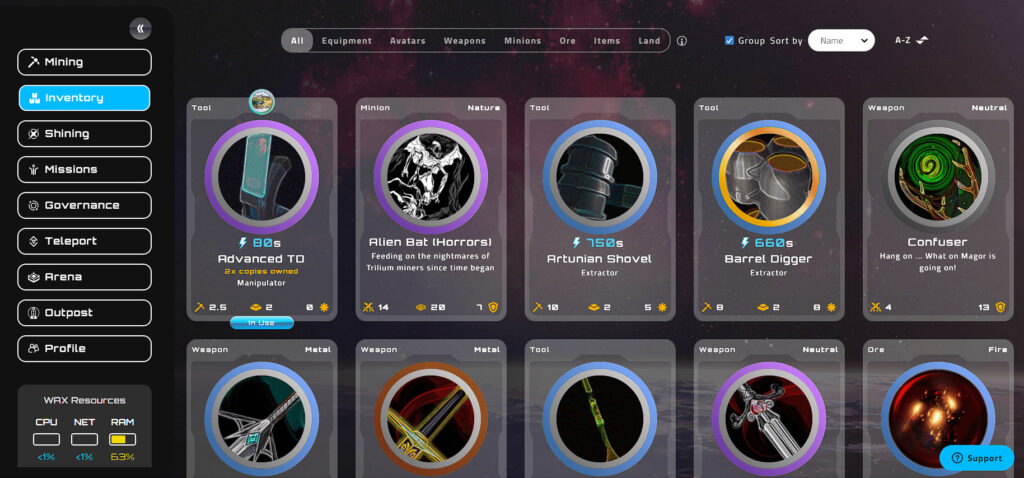 Alien Worlds inventory