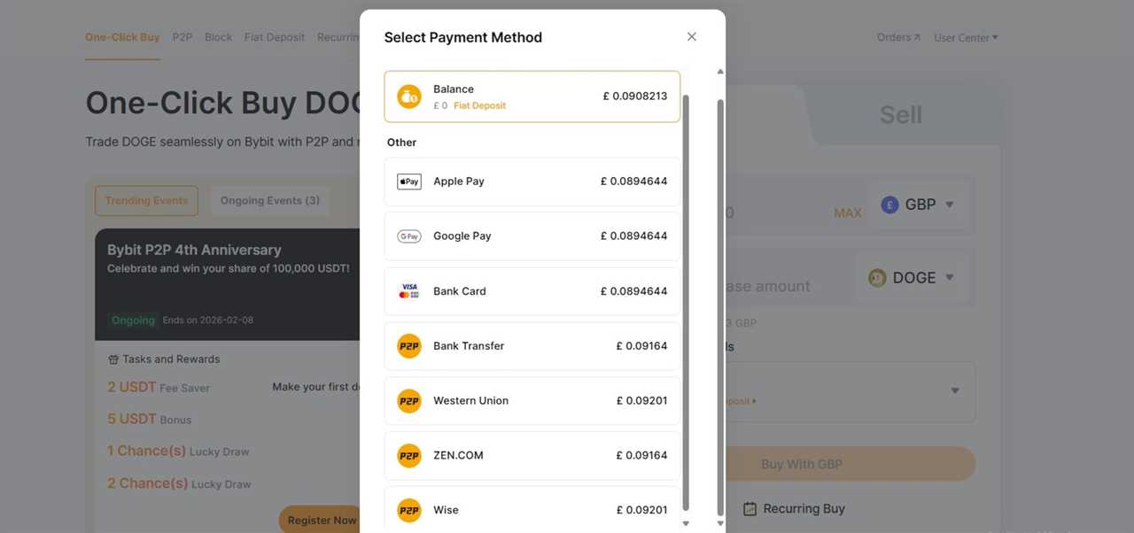 Select a Payment Method to buy DOGE