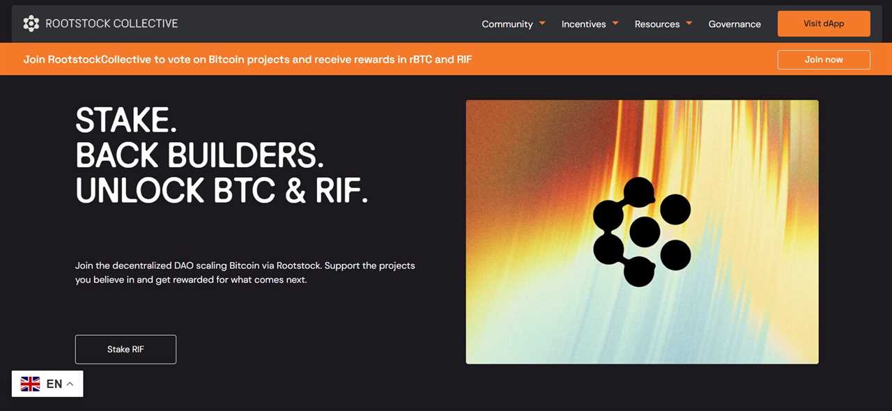 RootstockCollective homepage showcasing stake, back builders, and unlock rBTC, RIF and USDRIF rewards as the leading Bitcoin DeFi project for backers.