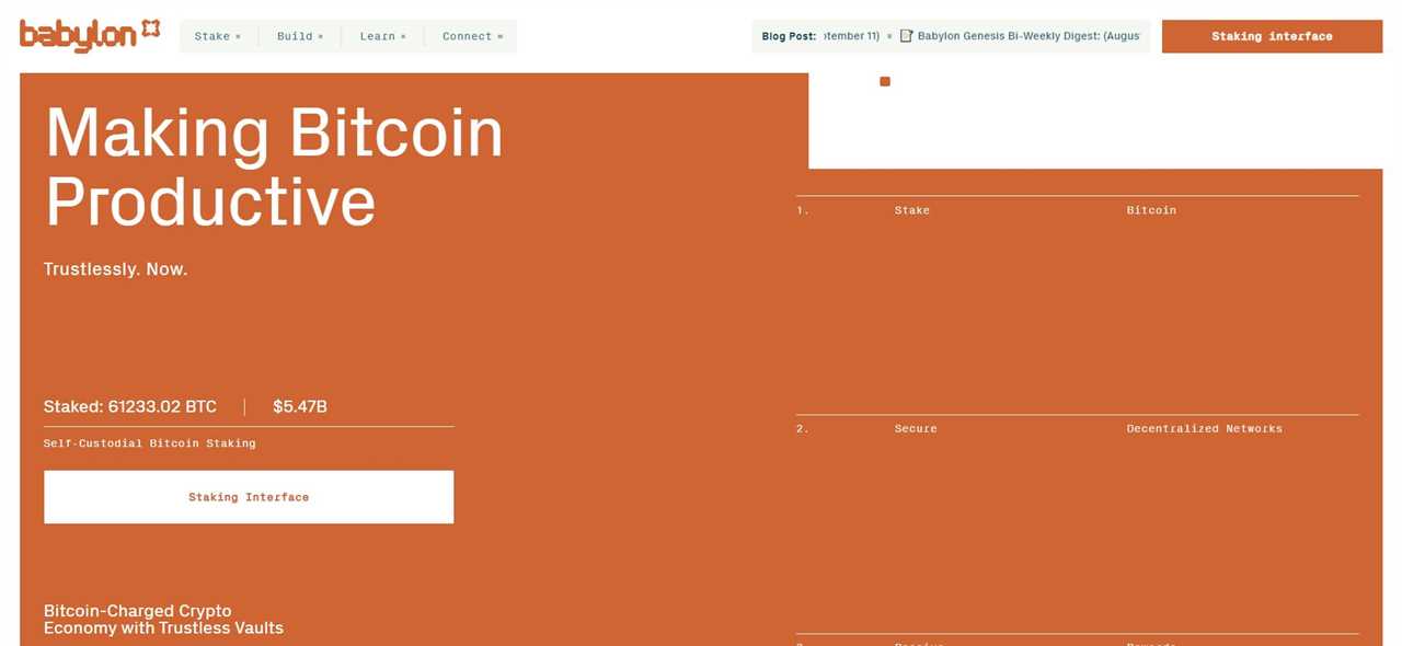 Babylon homepage featuring self-custodial Bitcoin staking with over 61,000 BTC staked worth $5.47 billion for DeFi backer rewards.