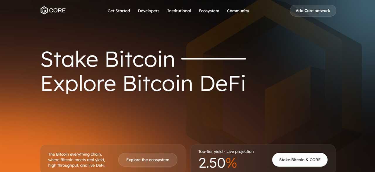 Core DAO homepage inviting users to stake Bitcoin and explore Bitcoin DeFi with leading yield projection for backers.