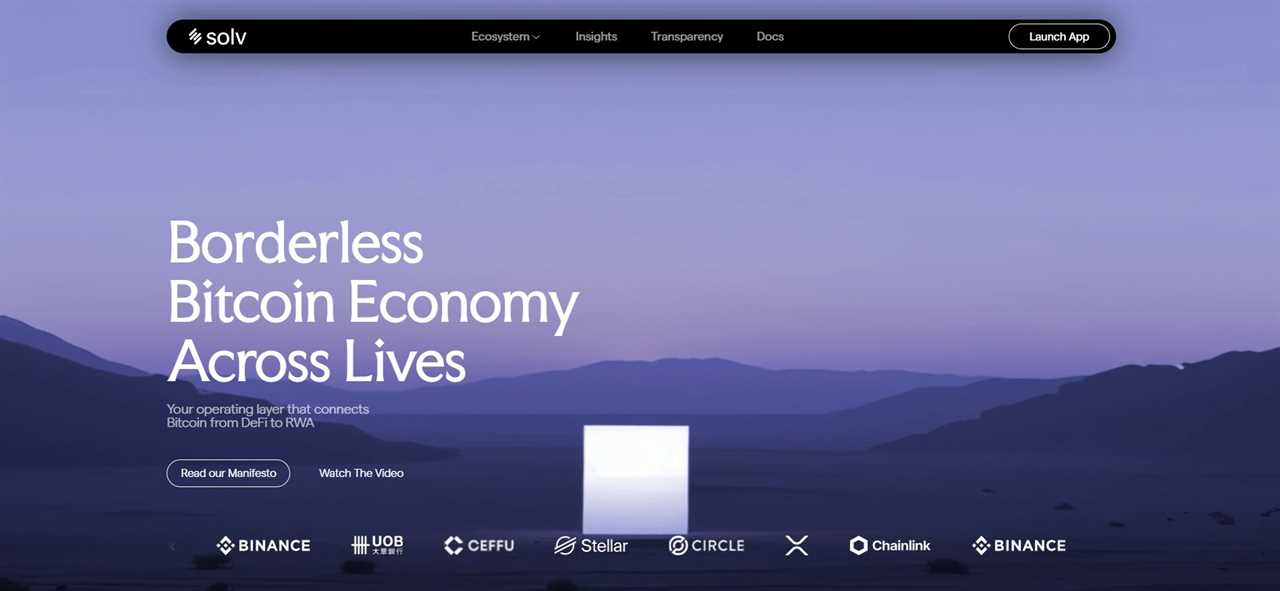 Solv Protocol homepage presenting a borderless Bitcoin economy with DeFi and RWA integration backed by Binance, Circle, and Chainlink.