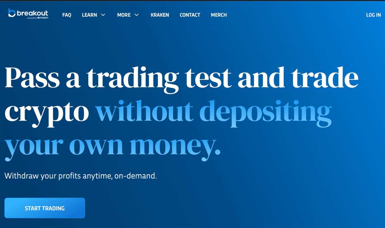 Breakout prop firm homepage featuring Kraken exchange partnership, challenge tiers, and a dark-themed trading dashboard preview.