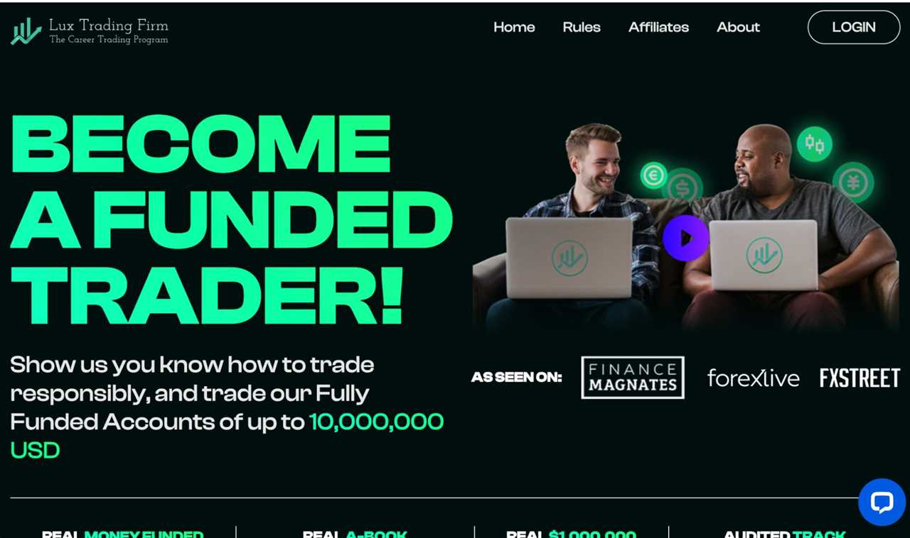 Lux Trading Firm homepage with a premium dark design, account size options up to $10,000,000, and a "Get Funded" button.