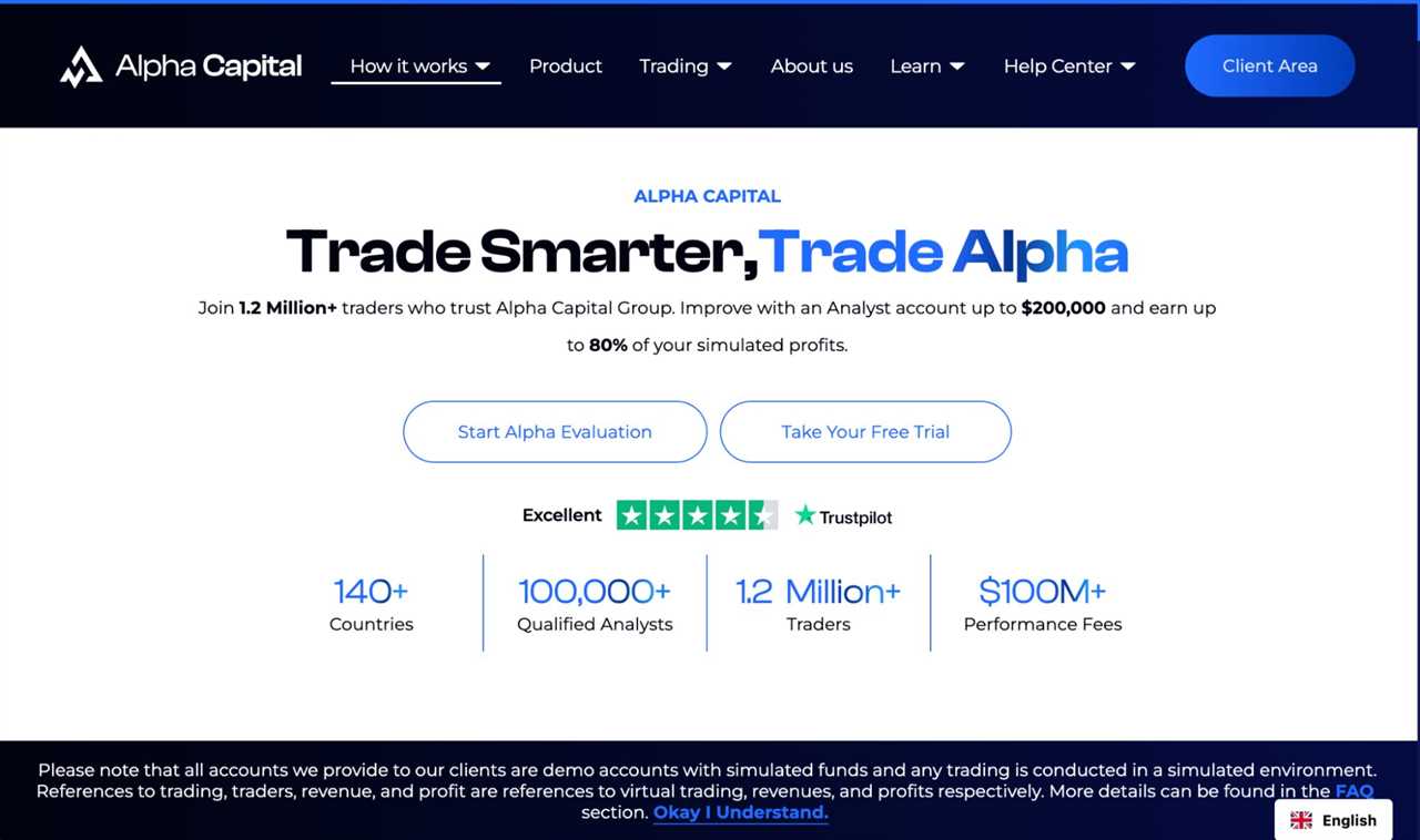 Alpha Capital Group homepage with a bold headline about fast funding, crypto and forex pairs listed, and a blue-themed modern layout.