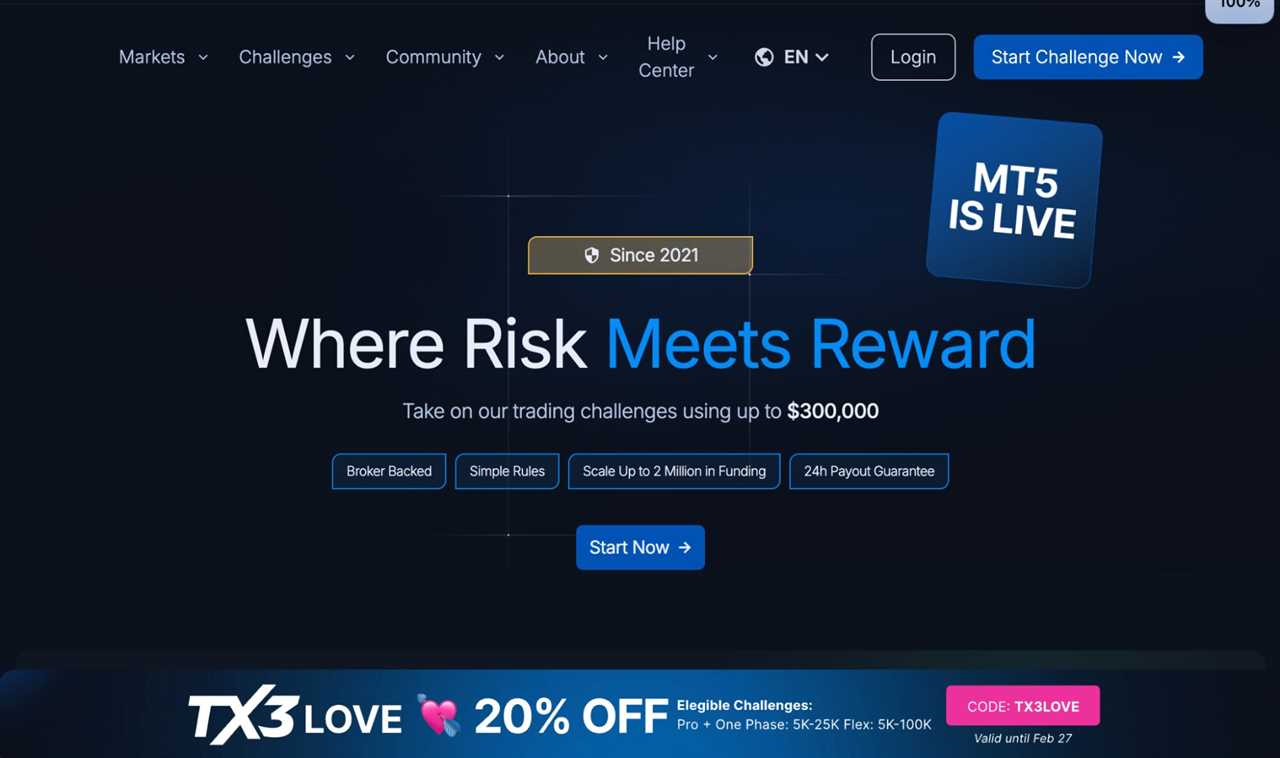 TopTier Trader homepage with a dark professional design, account size cards, and a headline emphasizing flexible trading rules.