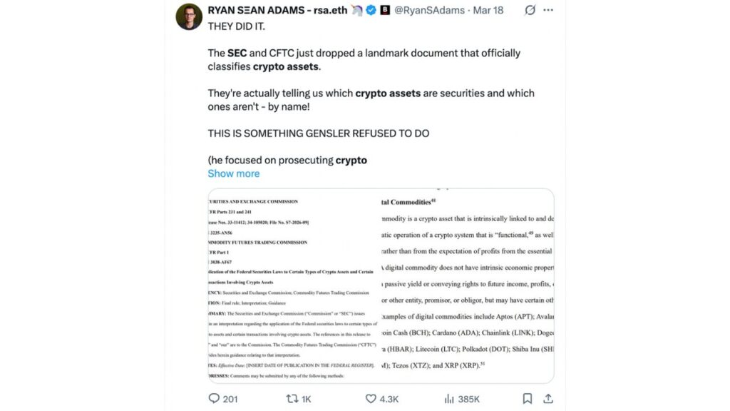 SEC names Bitcoin, Ether, Solana and 13 more crypto assets digital commodities