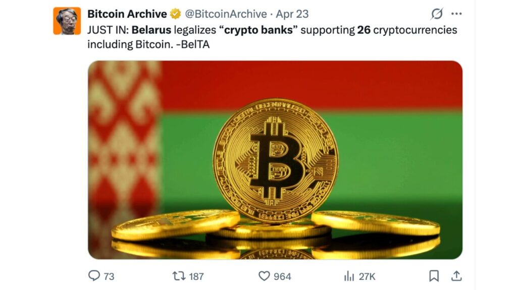 Belarus has authorized licensed crypto banks to operate with Toncoin as one of approximately 26 approved digital assets.