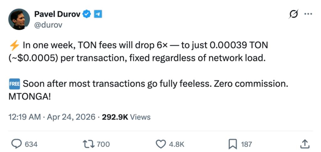 Pavel Durov has announced a sixfold reduction in TON transaction fees,